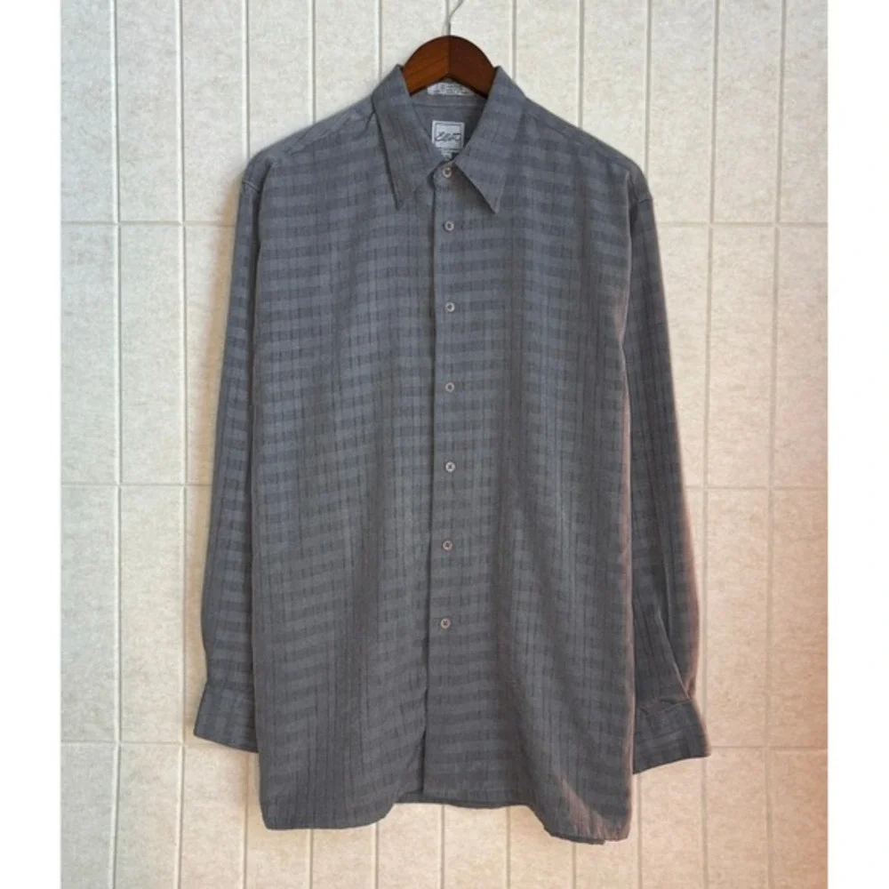 Elliott Grid Pattern Gray Polyester‎ Textured Button Down Shirt Mens Medium